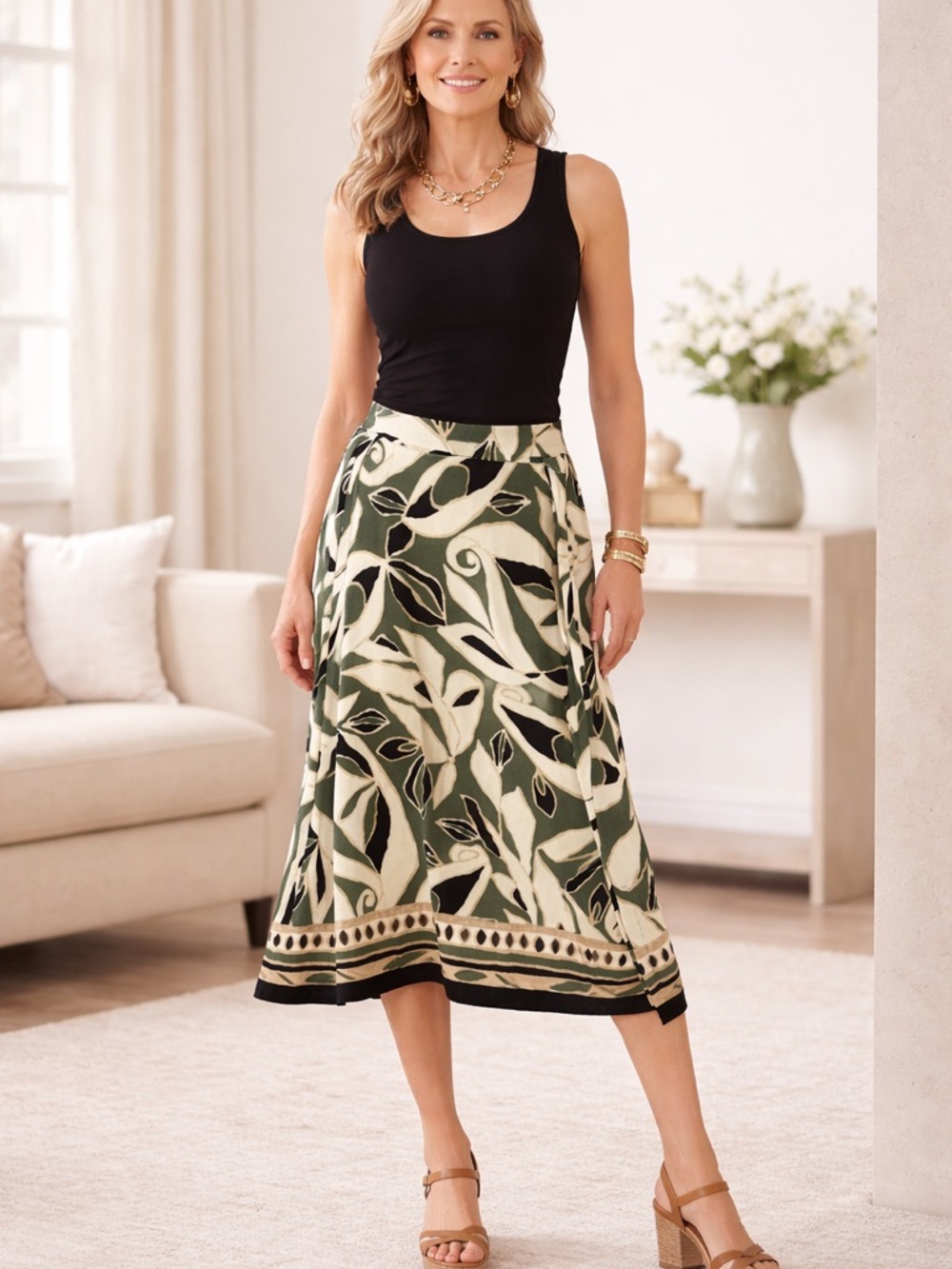 NWT Chico's A-Line Skirt travelers knit Black Cream green Leaf Pattern maxi 16